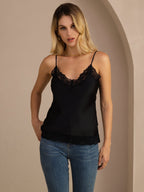 100% Mulberry Silk Women's Spaghetti Strap V Neck Lace Trim Camisole Top