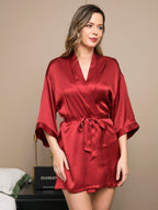 100% Mulberry Silk 3/4 Sleeve Short Women's Kimono Robe with Wrap Design