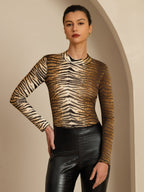 Pure Silk Wild Animal Print Women's Long Sleeve Mock Neck Top
