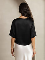 100% Mulberry Silk Women's Blouse Short Sleeve Boxy Crop Top
