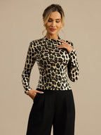 Pure Silk Wild Animal Print Women's Long Sleeve Mock Neck Top