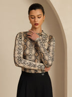Pure Silk Wild Animal Print Women's Long Sleeve Mock Neck Top