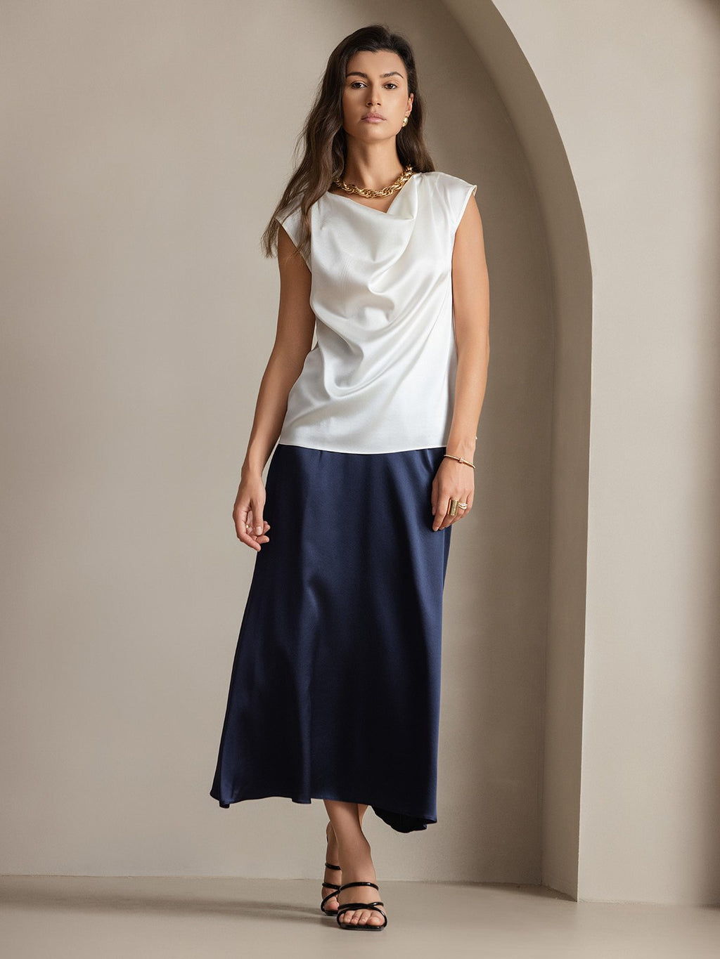 19Momme Silk Cap Sleeve Cowl Neck Women's Top
