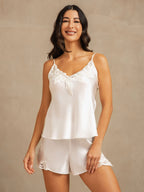 100% Mulberry Silk Lace Trim Camisole Set with Side Slit