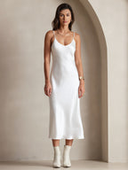 100% Mulberry Silk Spaghetti Strap V Neck Midi Dress