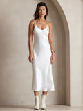100% Mulberry Silk Spaghetti Strap V Neck Midi Dress