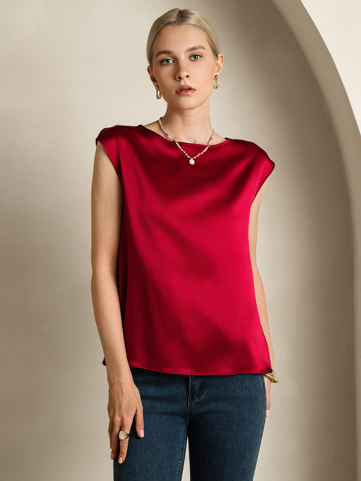 19Momme Silk Cap Sleeve Round Neck Women's Top