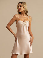100% Mulberry Silk Spaghetti Strap V-neck Short Nightgown with Lace Criss Cross Back