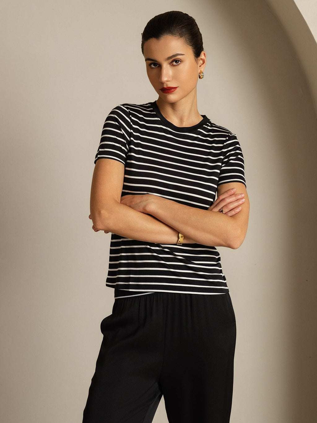 Pure Silk Crew Neck Short Sleeve Women's Sport Stripe Print T-Shirt