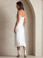 100% Mulberry Silk Spaghetti Strap V Neck Midi Dress