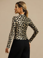 Pure Silk Wild Animal Print Women's Long Sleeve Mock Neck Top