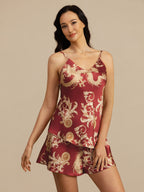 Pure Silk Dragon Print Spaghetti Strap V Neck Camisole Set