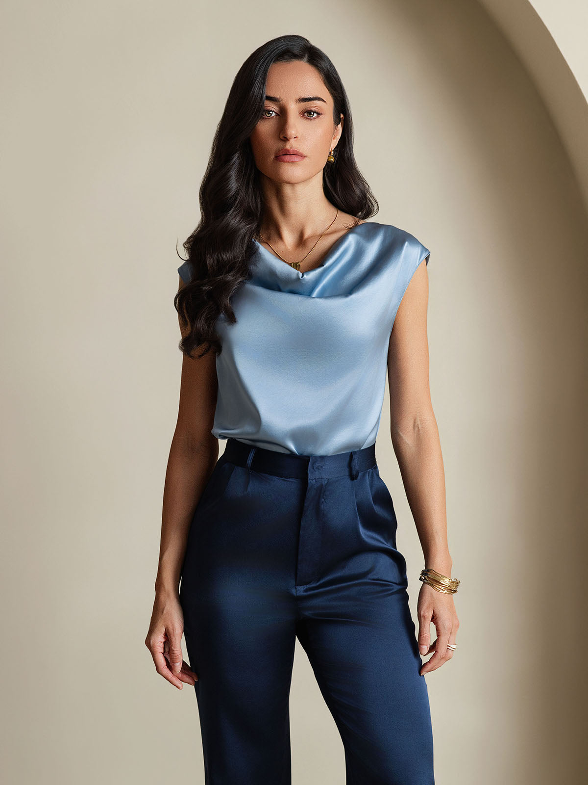 19Momme Silk Cap Sleeve Cowl Neck Women's Top