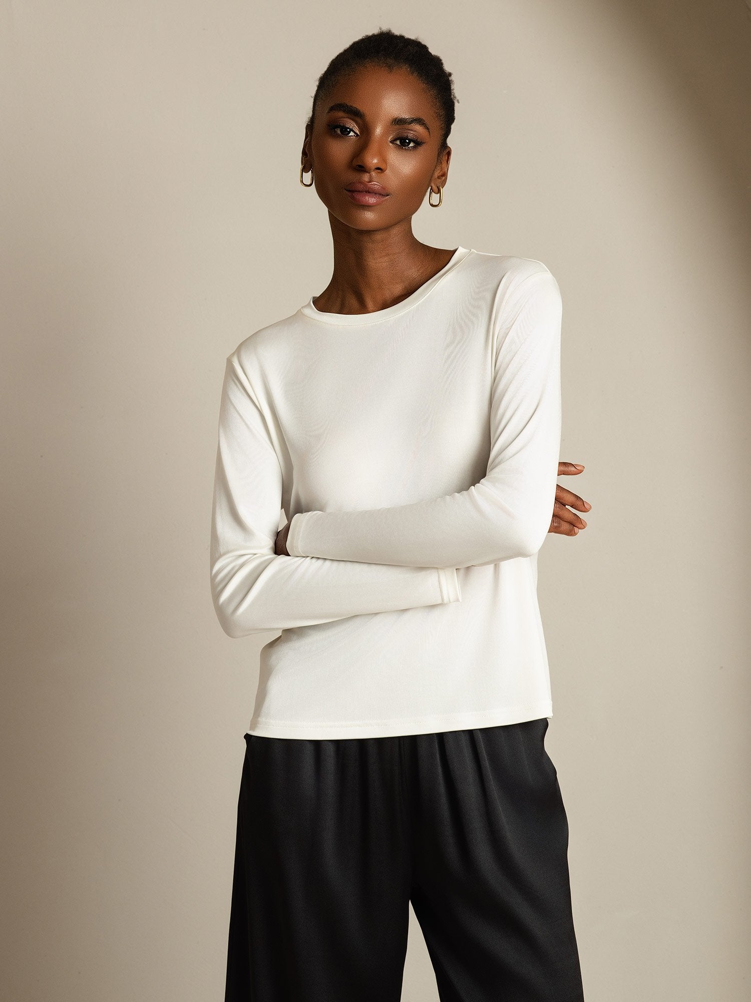 Women's Pure Silk Long Sleeve Round Neck Top