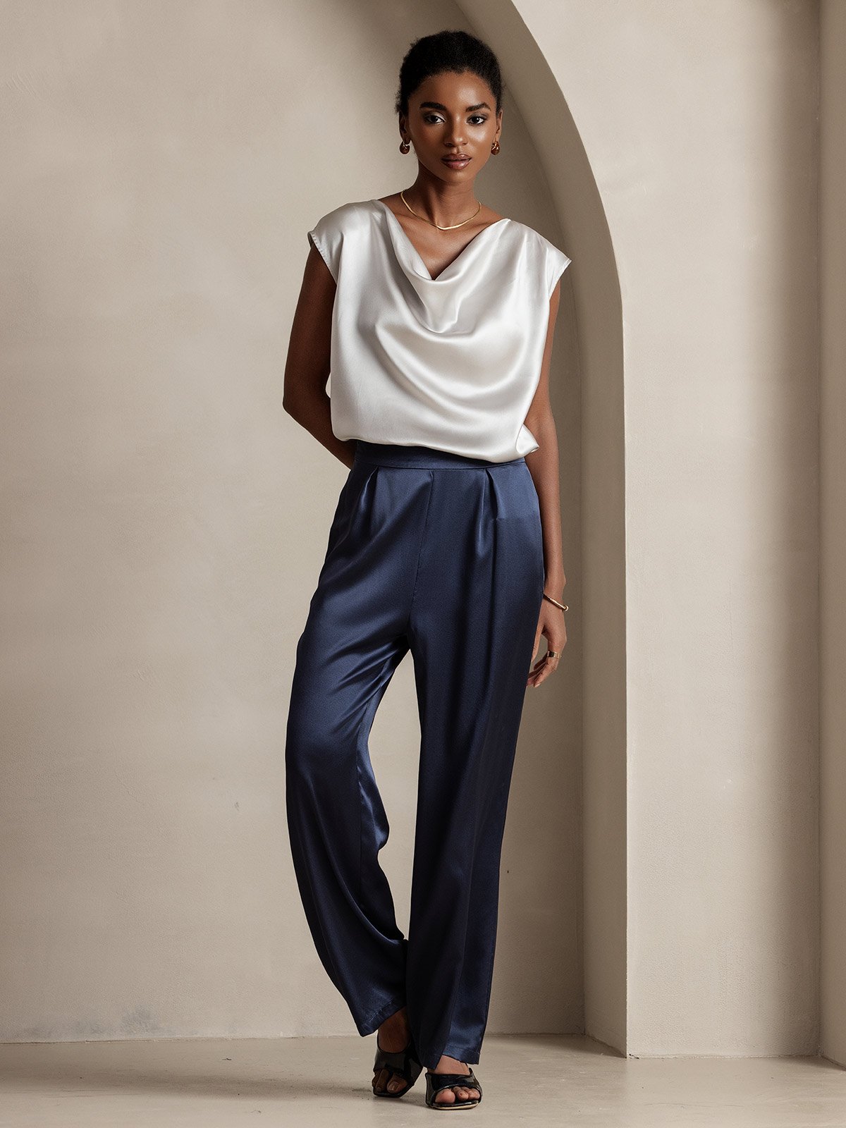 19Momme Silk Cap Sleeve Cowl Neck Women's Top