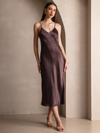 100% Mulberry Silk Spaghetti Strap V Neck Midi Dress