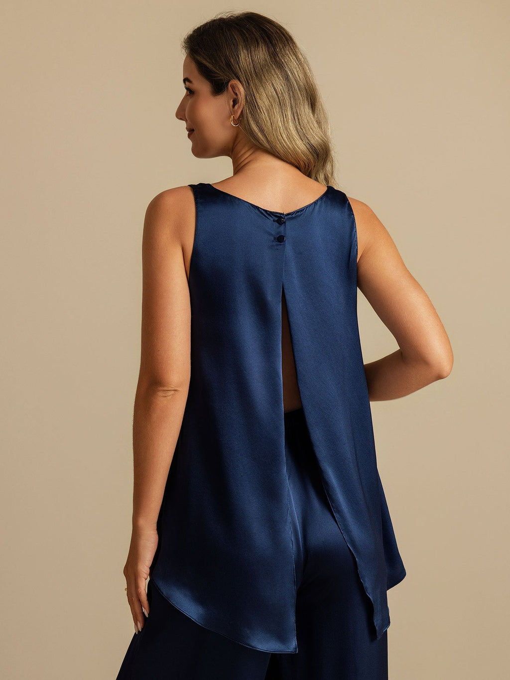 Pure Silk Sleeveless U-Neck Backless Slit High-low Tank Top