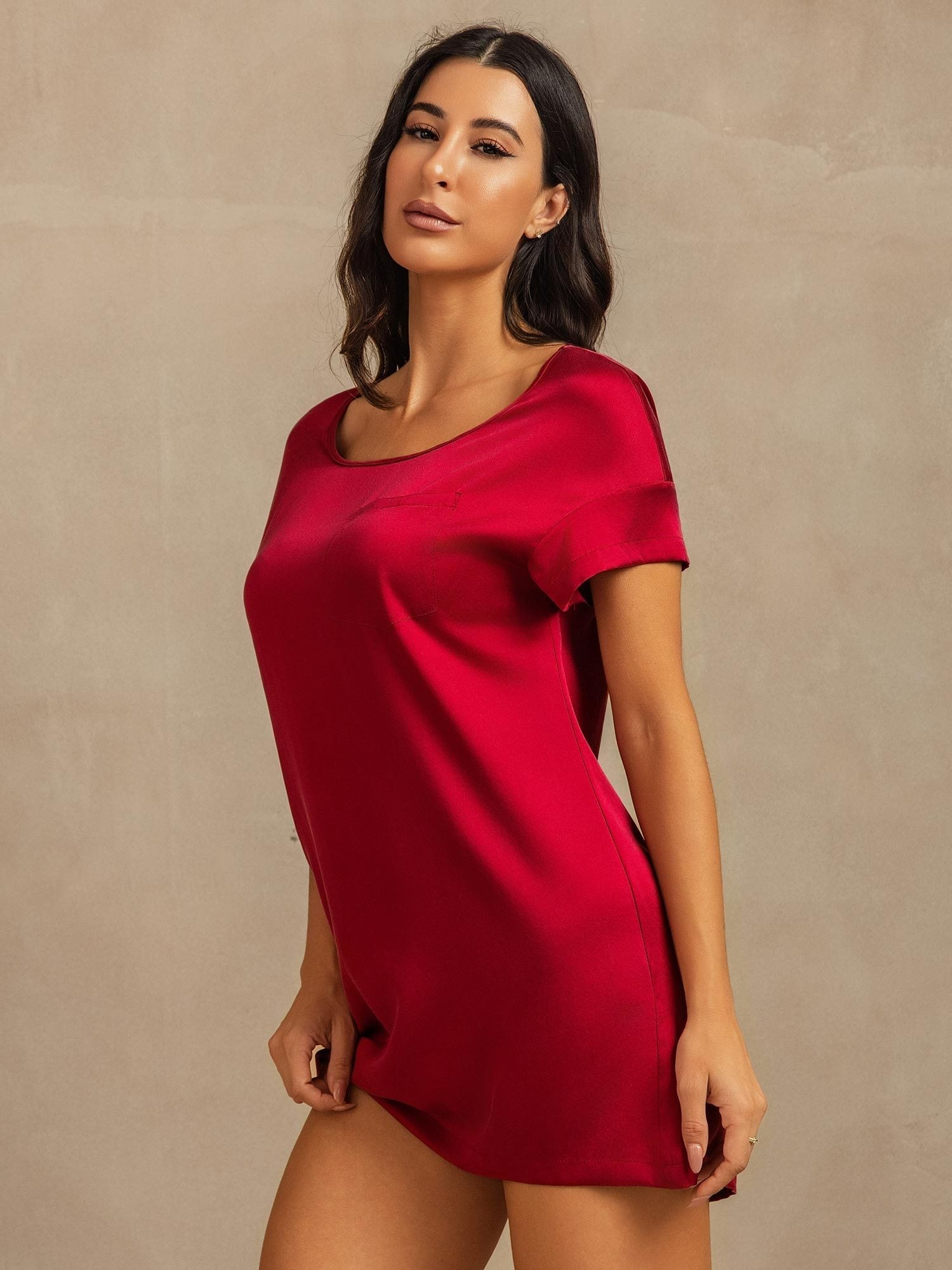 19Momme Washable Silk Short Sleeve Round Neck Short Nightgown