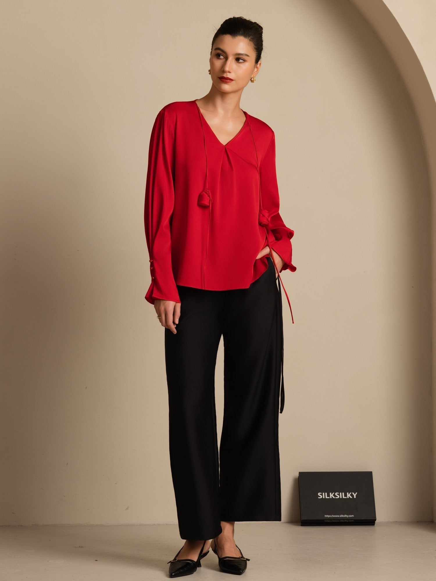 19Momme Silk Women's V Neck Long Sleeve Blouse With 3D Rose Detail