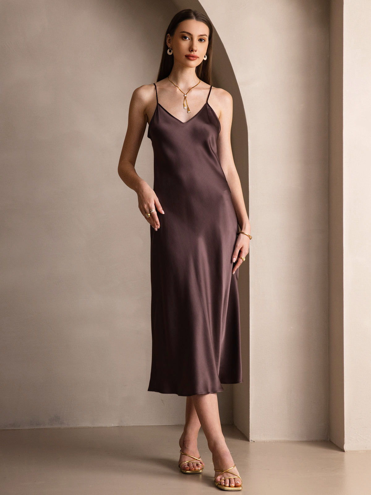 100% Mulberry Silk Spaghetti Strap Midi Long Dress