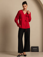 19Momme Silk Women's V Neck Long Sleeve Blouse With 3D Rose Detail