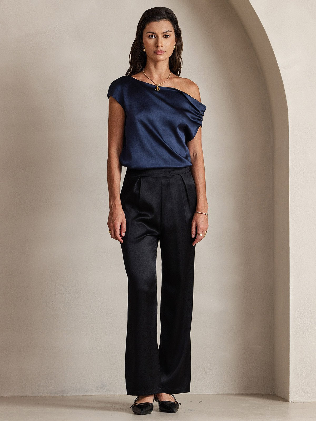19Momme Silk High Waist Wide Leg Pleated Women's Pants