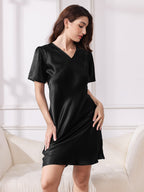 Women's 100% Mulberry Silk Puff Sleeve V-neck Short Nightgown