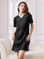 Women's 100% Mulberry Silk Puff Sleeve V-neck Short Nightgown
