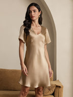 Women's 100% Mulberry Silk Puff Sleeve V-neck Short Nightgown