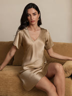 Women's 100% Mulberry Silk Puff Sleeve V-neck Short Nightgown
