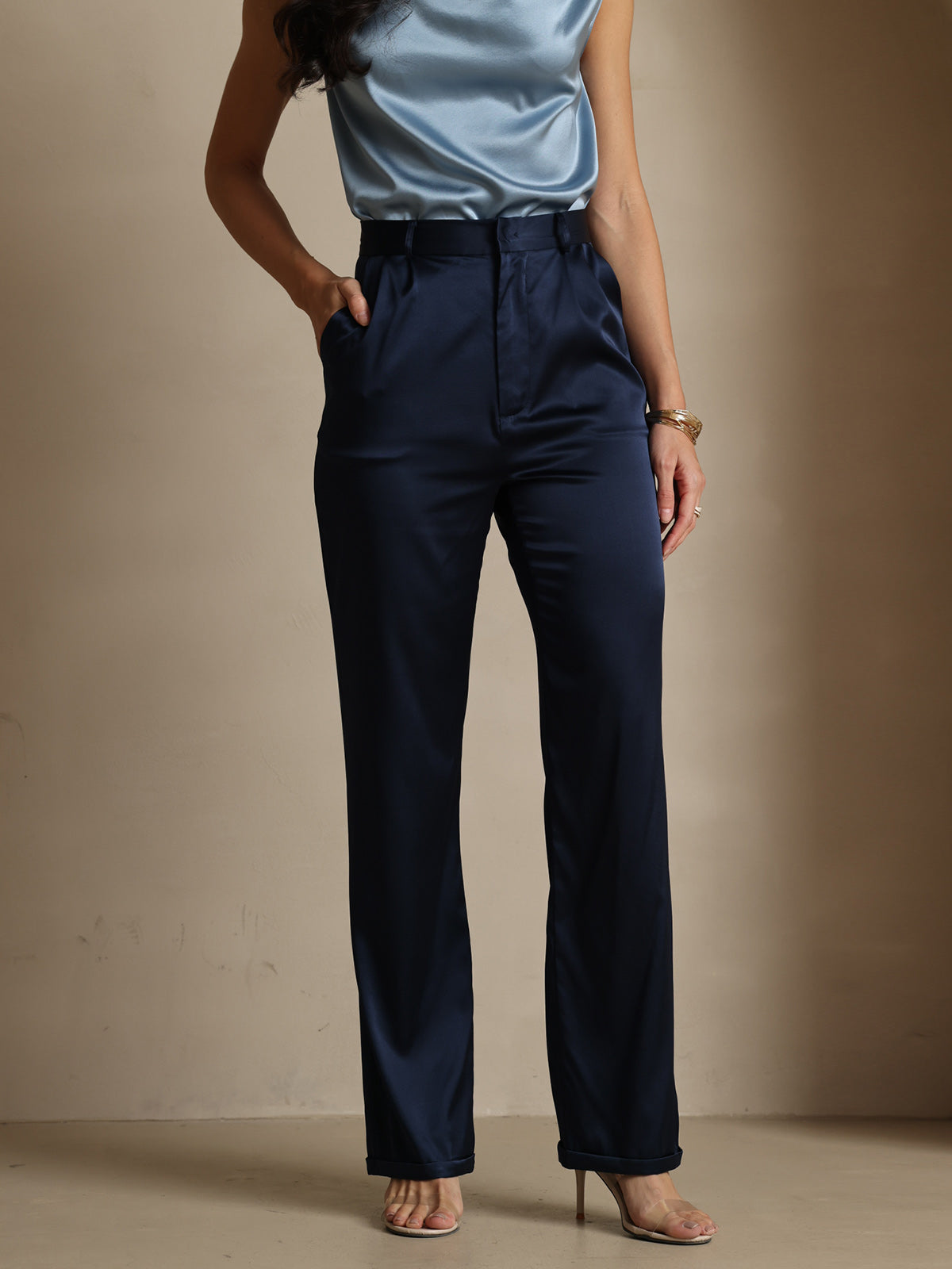 19Momme Silk High Waist Straight Fit Women's Pants with Zipper Side Pockets Design