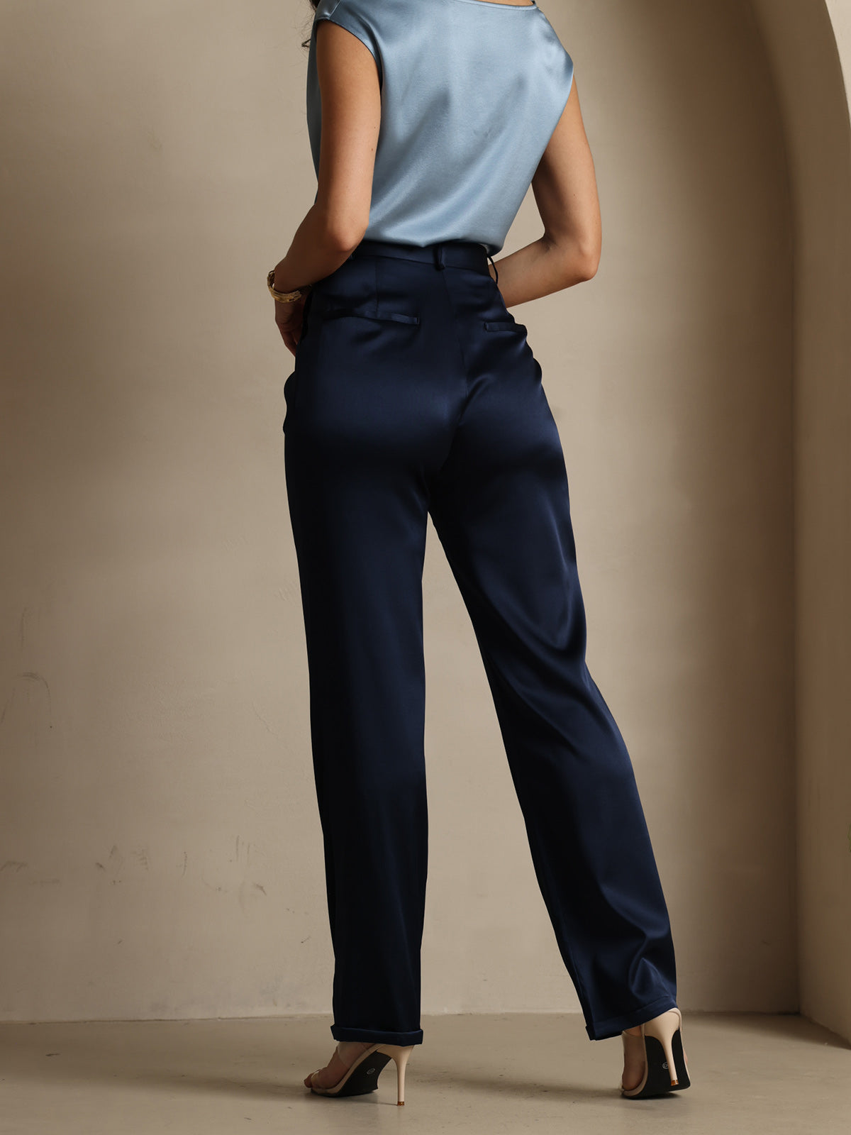 19Momme Silk High Waist Straight Fit Women's Pants with Zipper Side Pockets Design
