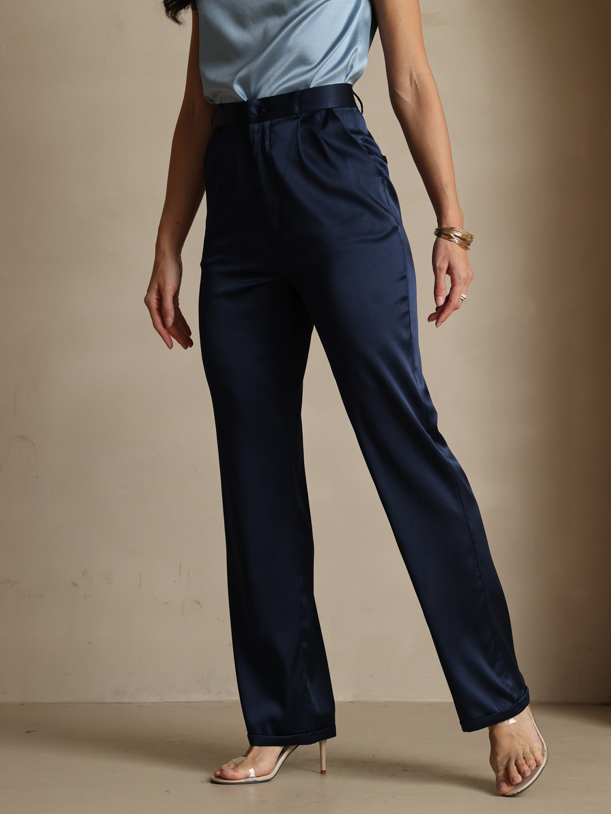 19Momme Silk High Waist Straight Fit Women's Pants with Zipper Side Pockets Design