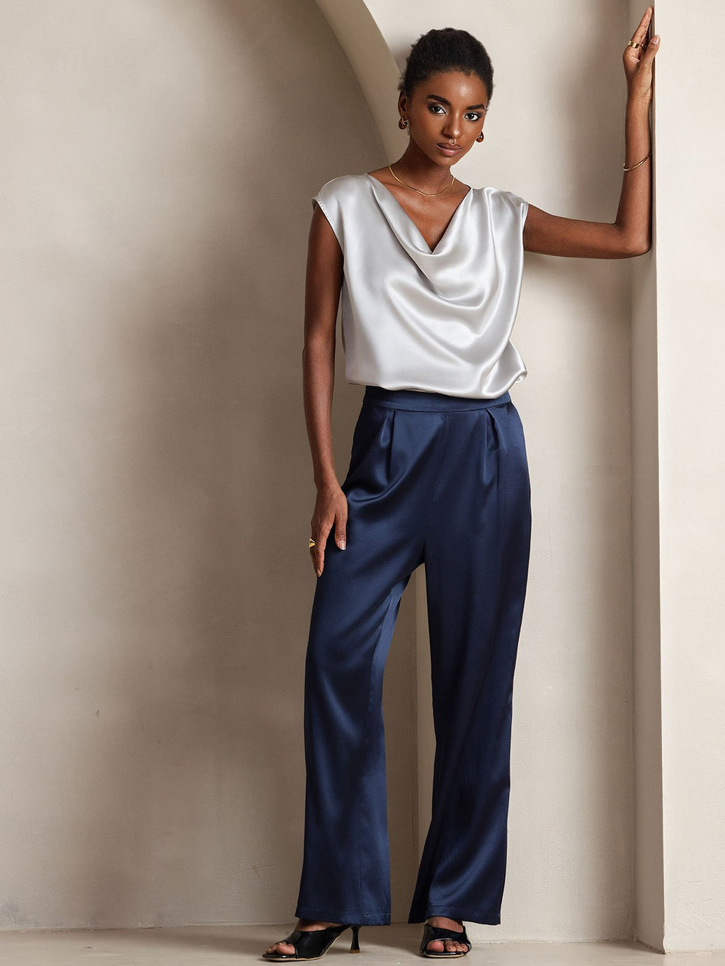 19Momme Silk High Waist Wide Leg Pleated Women's Pants