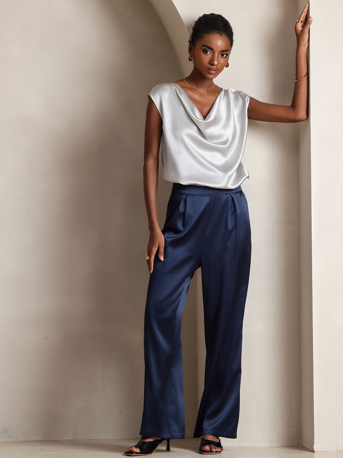 19Momme Silk High Waist Wide Leg Pleated Women's Pants
