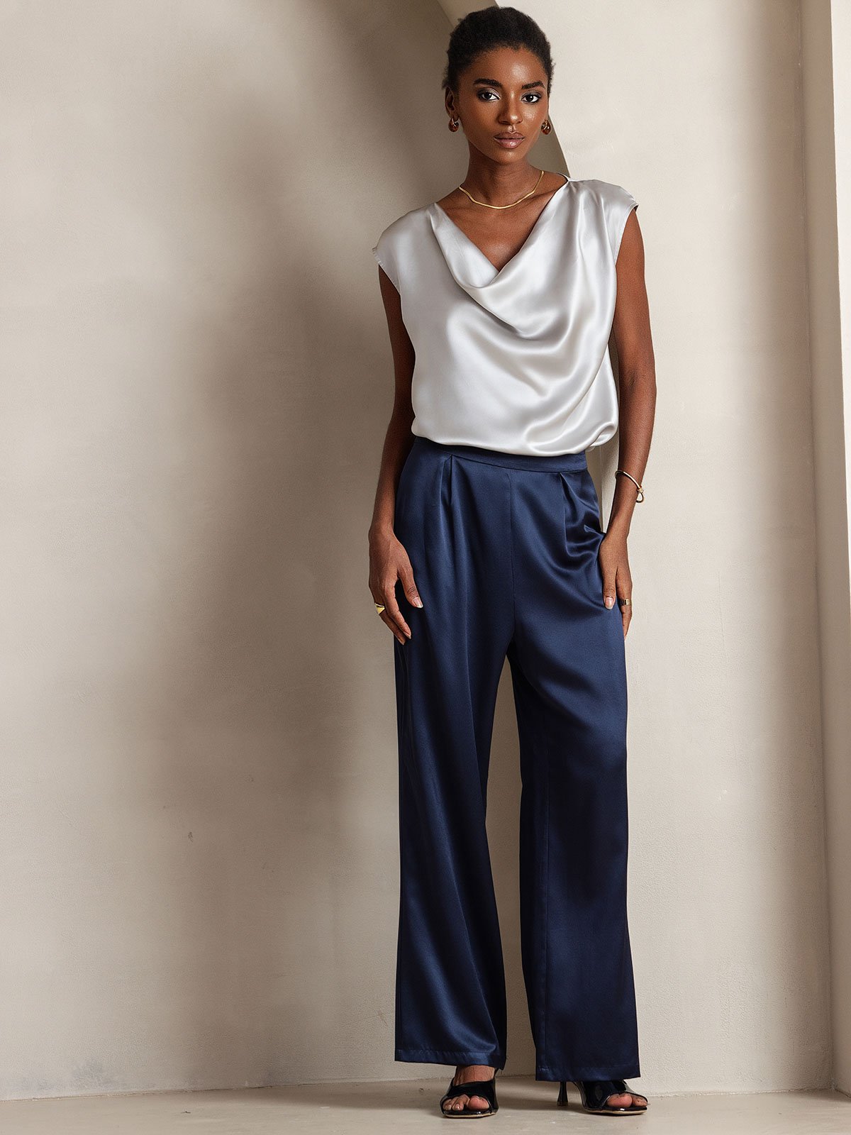 19Momme Silk High Waist Wide Leg Pleated Women's Pants