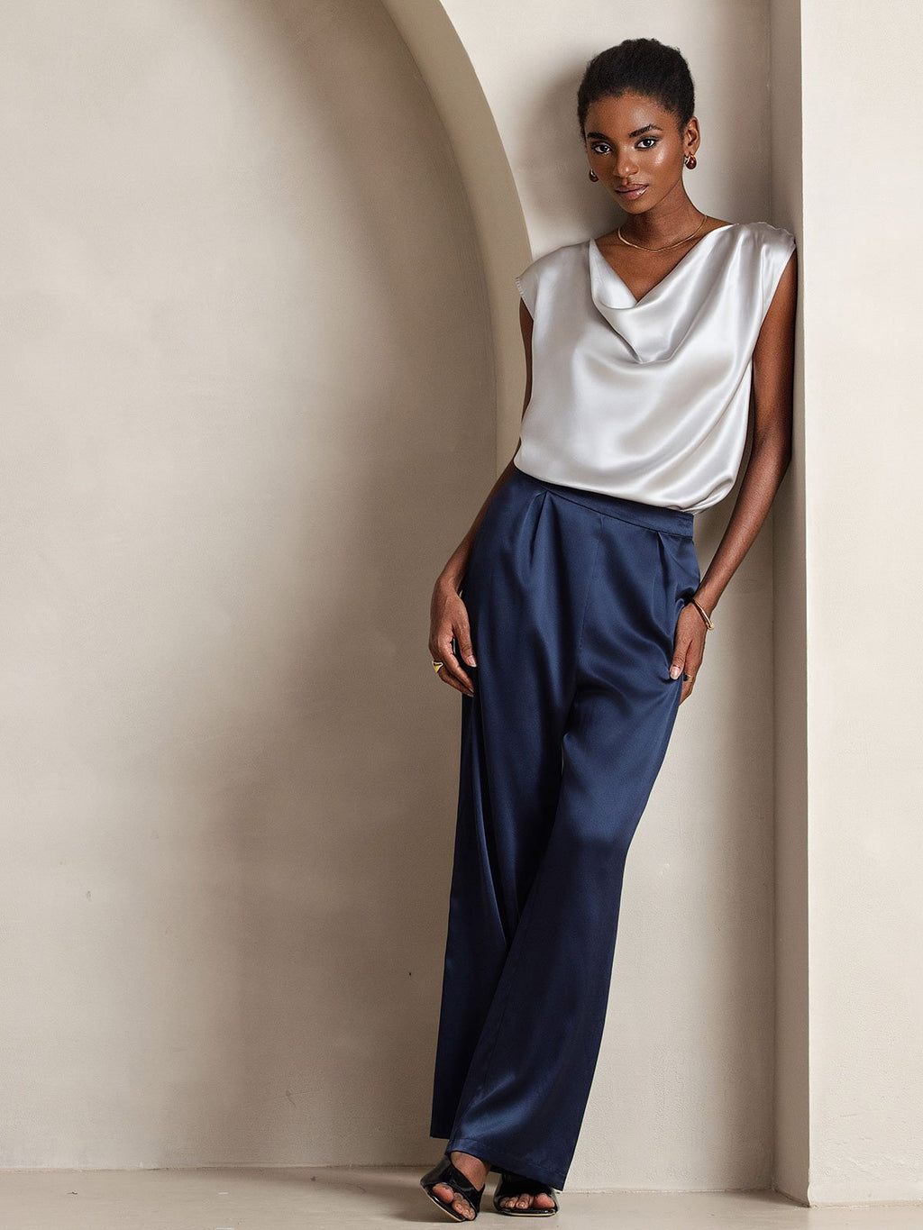 19Momme Silk High Waist Wide Leg Pleated Women's Pants