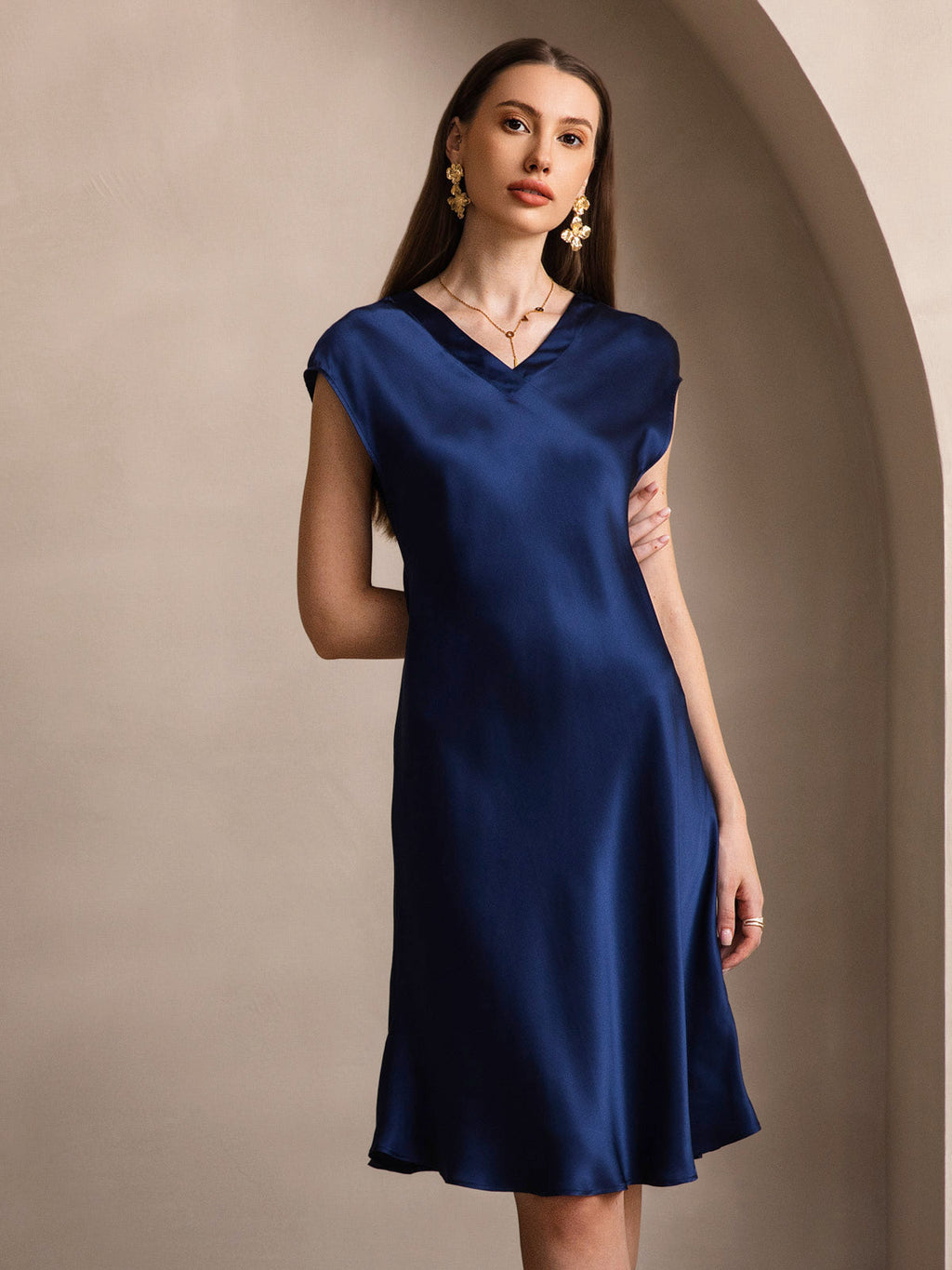 100% Mulberry Silk Cap Sleeve V Neck Knee Dress