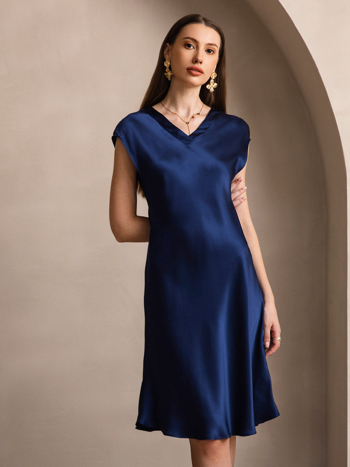 100% Mulberry Silk Cap Sleeve V Neck Knee Dress