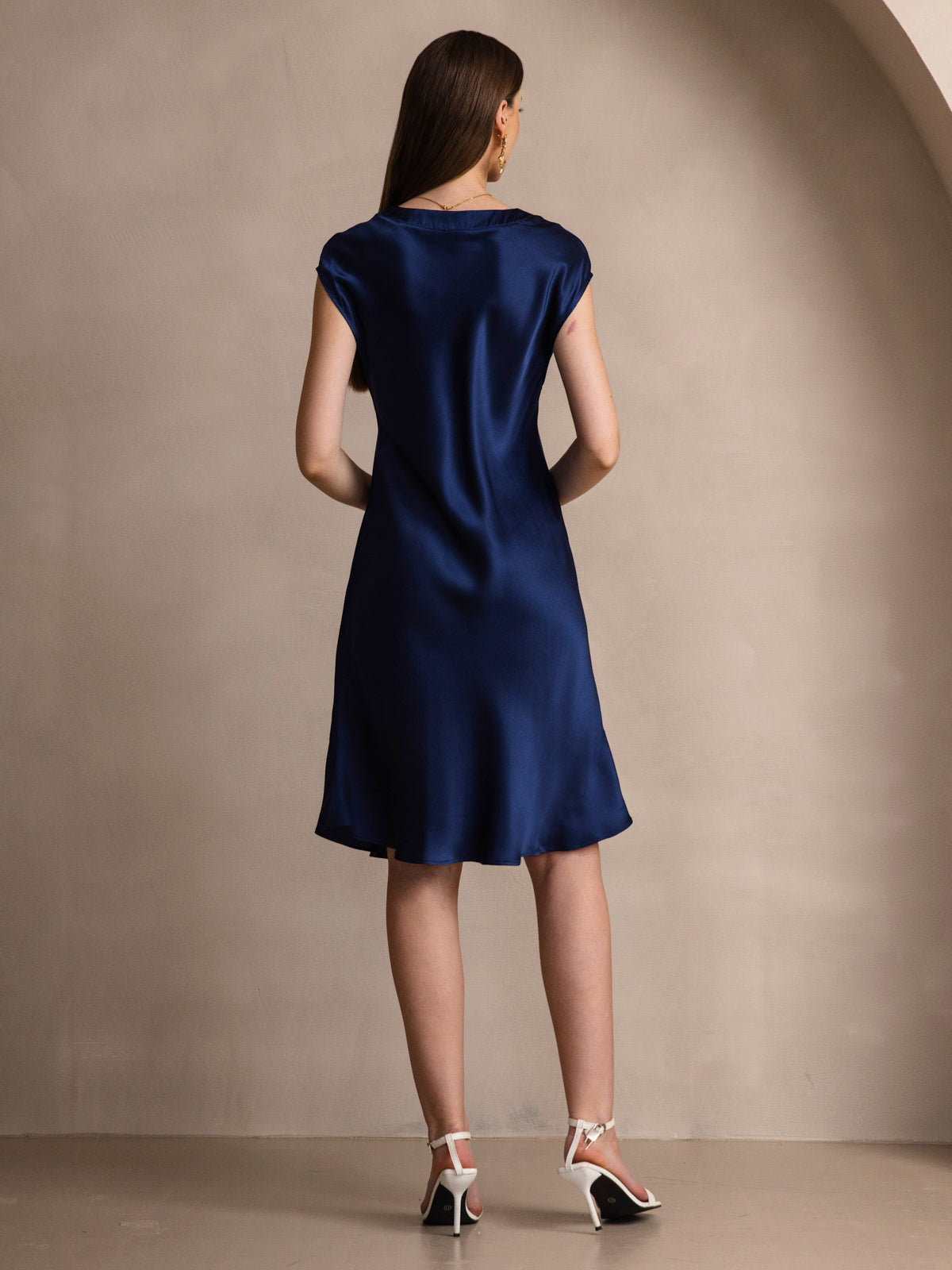 100% Mulberry Silk Cap Sleeve V Neck Knee Dress