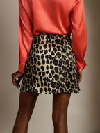 Pure Silk Leopard Print A Line Wrap Mini Skirt with Tie Waist Design