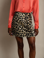 Pure Silk Leopard Print A Line Wrap Mini Skirt with Tie Waist Design