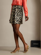 Pure Silk Leopard Print A Line Wrap Mini Skirt with Tie Waist Design