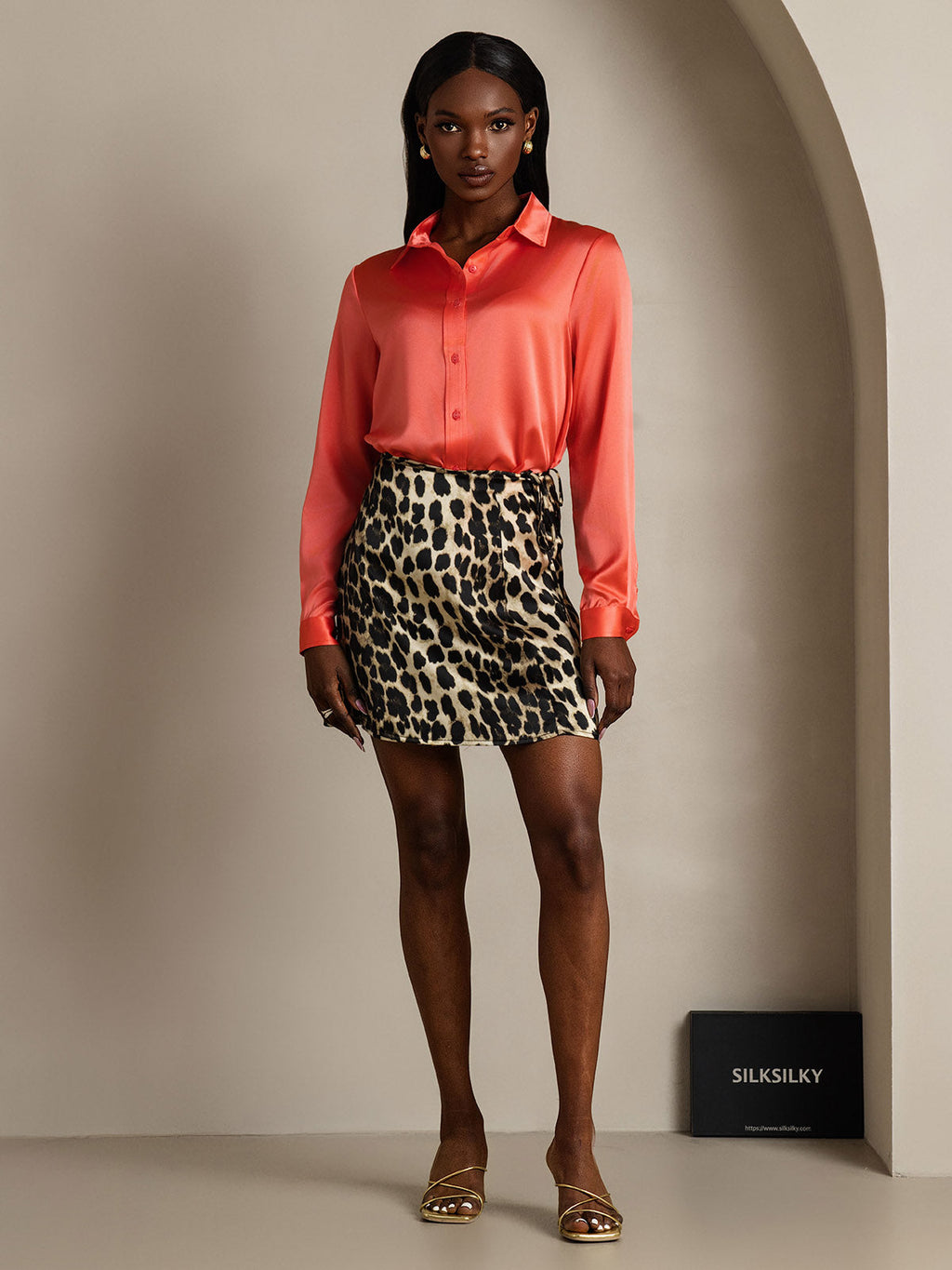 Pure Silk Leopard Print A Line Wrap Mini Skirt with Tie Waist Design