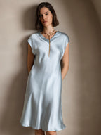 100% Mulberry Silk Cap Sleeve V Neck Knee Dress