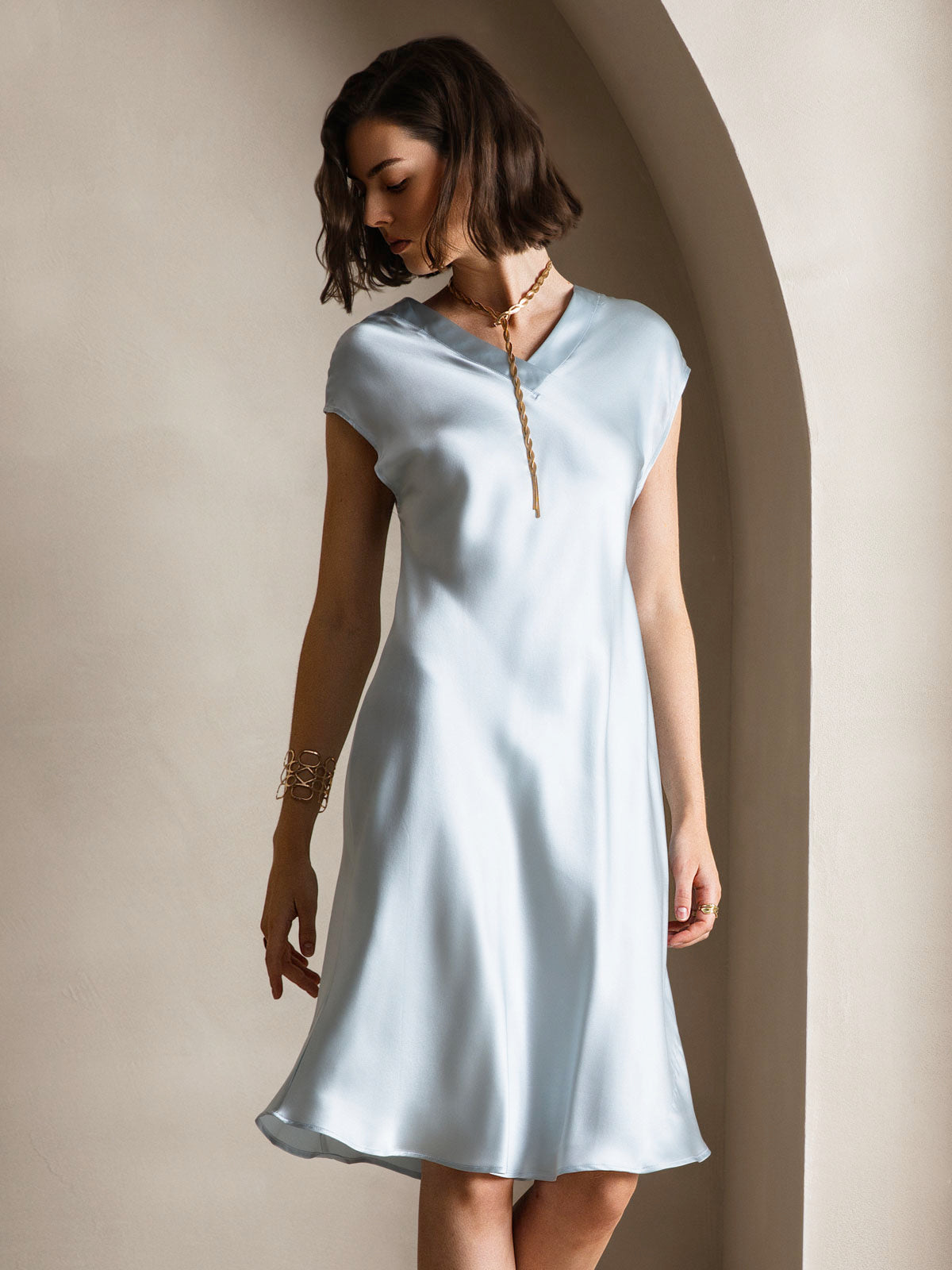 100% Mulberry Silk Cap Sleeve V Neck Knee Dress