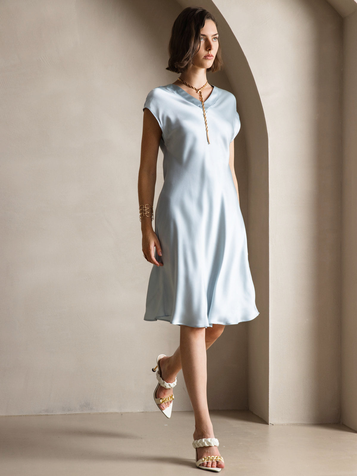 100% Mulberry Silk Cap Sleeve V Neck Knee Dress