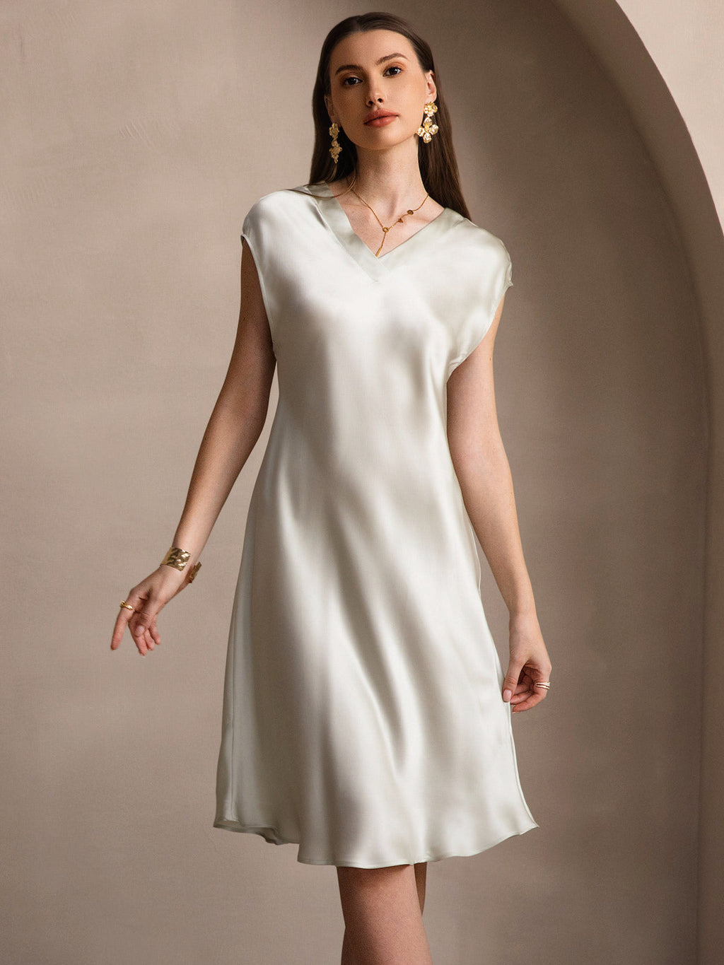 100% Mulberry Silk Cap Sleeve V Neck Knee Dress