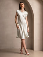 100% Mulberry Silk Cap Sleeve V Neck Knee Dress
