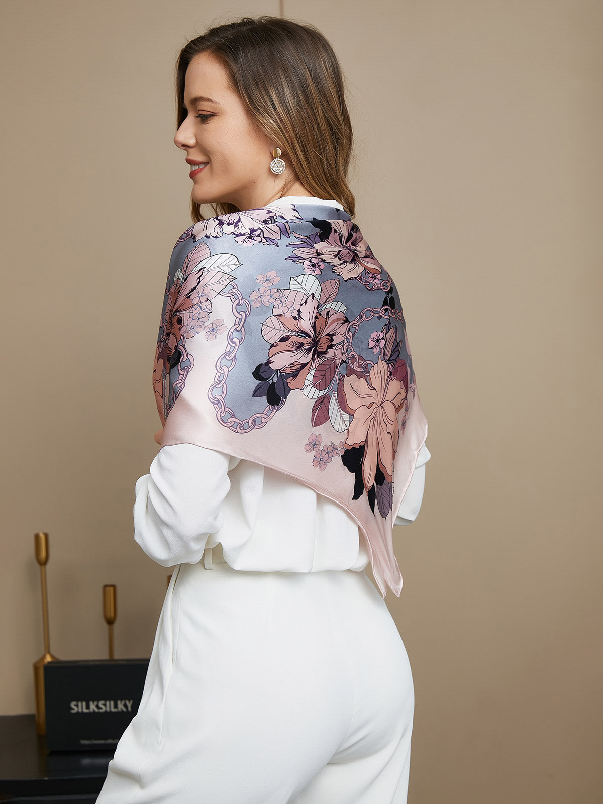100% Mulberry Silk Floral Pattern Square Scarf / Shawl 86x86cm